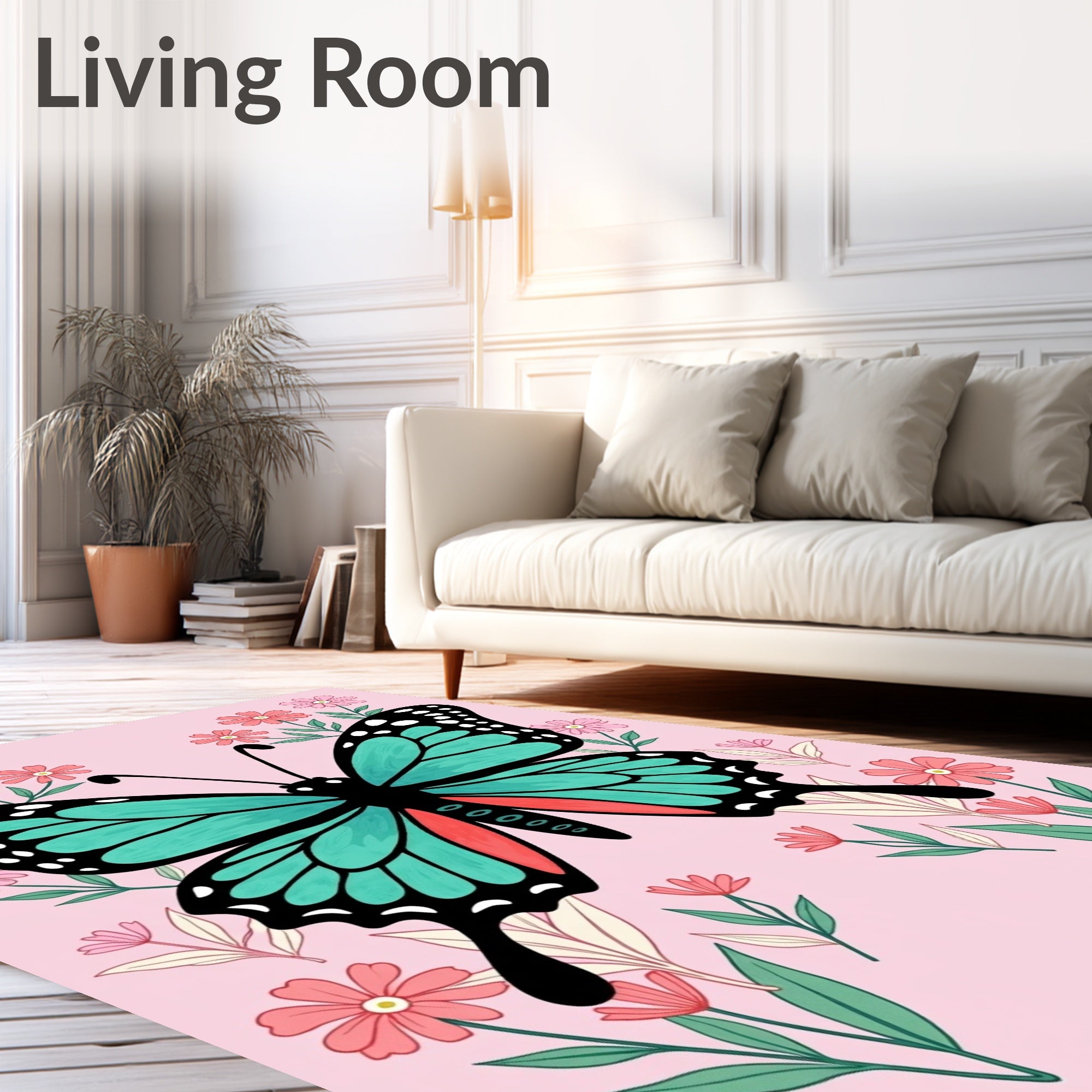 Whimsical Teal Butterfly Pink Floral Rug