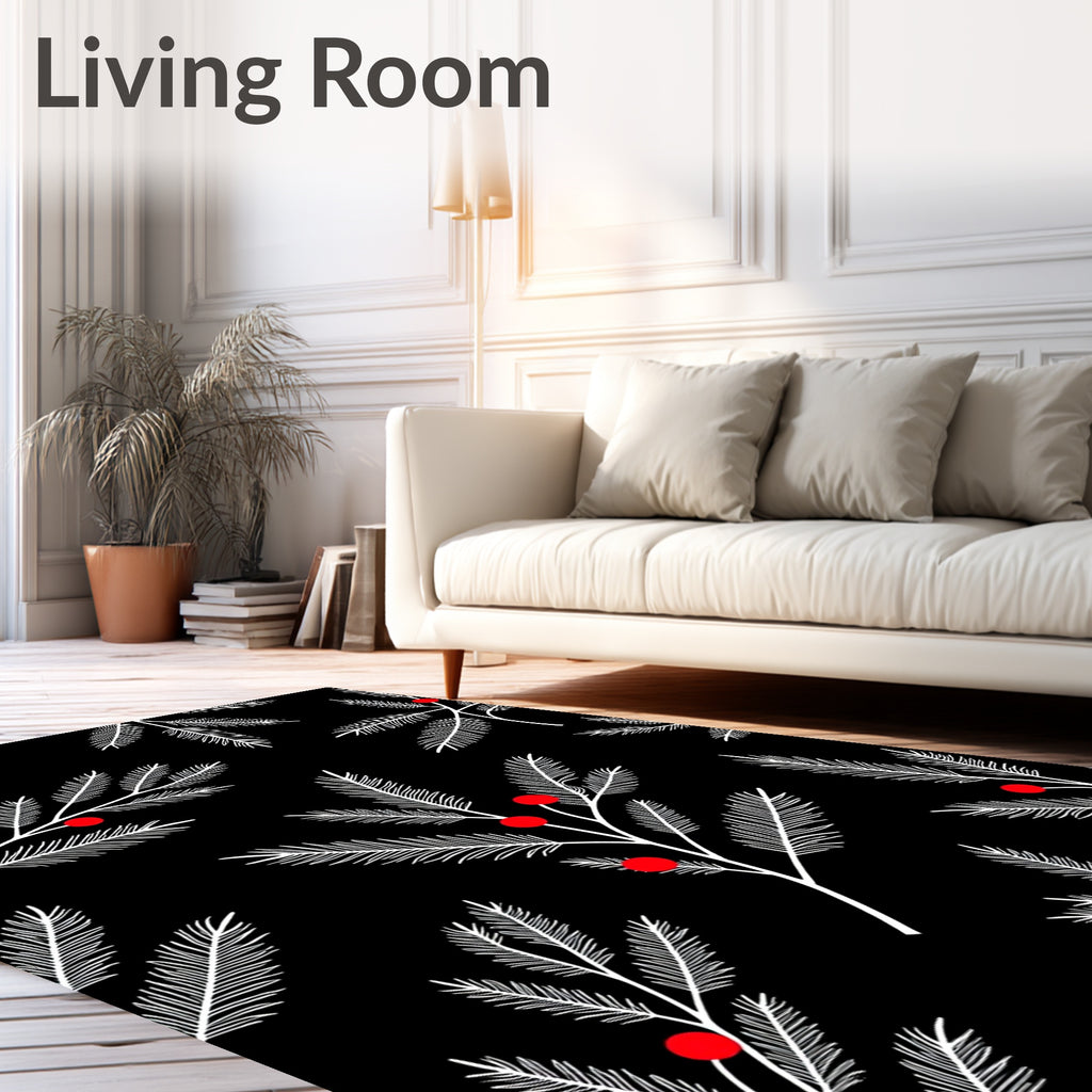 White Needle Branch Red Berry Black Rug
