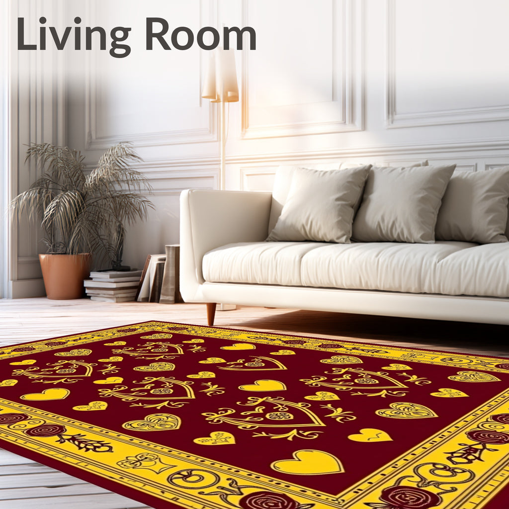 Crimson Yellow Romantic Heart Border Rug