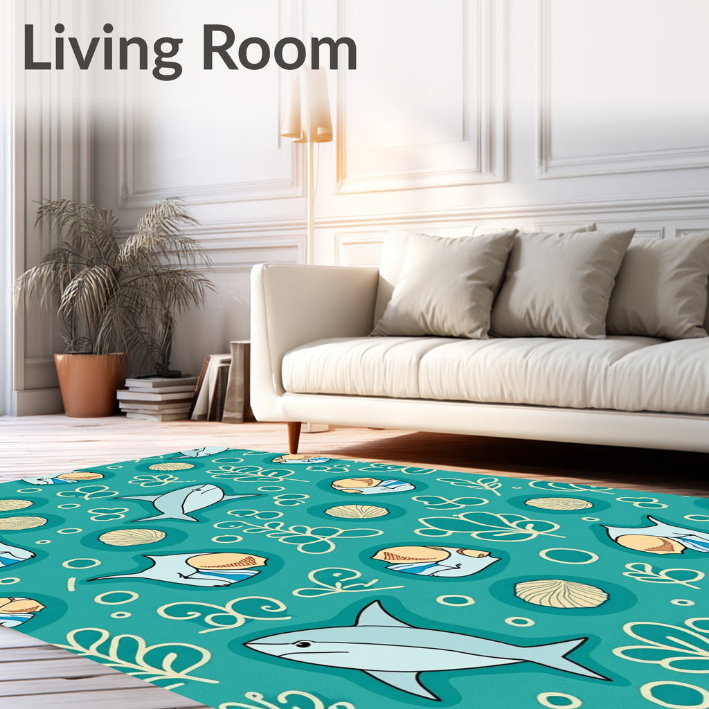 Teal Whimsical Shark Ocean Life Rug