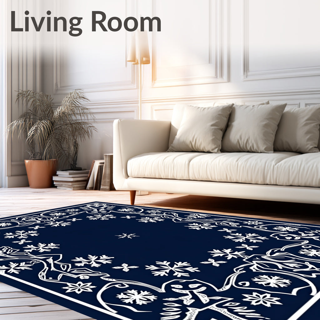 Deep Navy Snowflake Floral Frame Rug