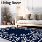 Deep Navy Snowflake Floral Frame Rug