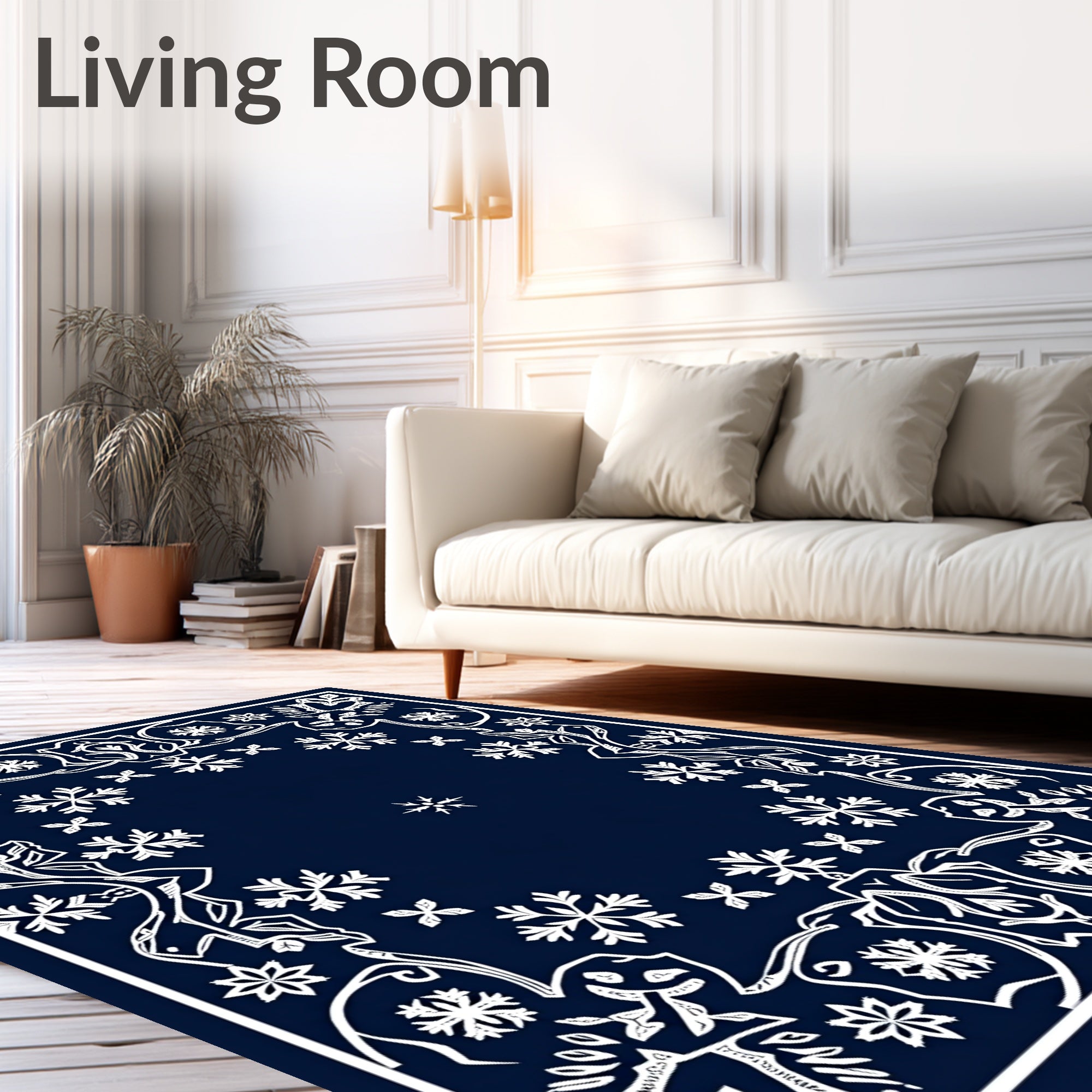 Deep Navy Snowflake Floral Frame Rug