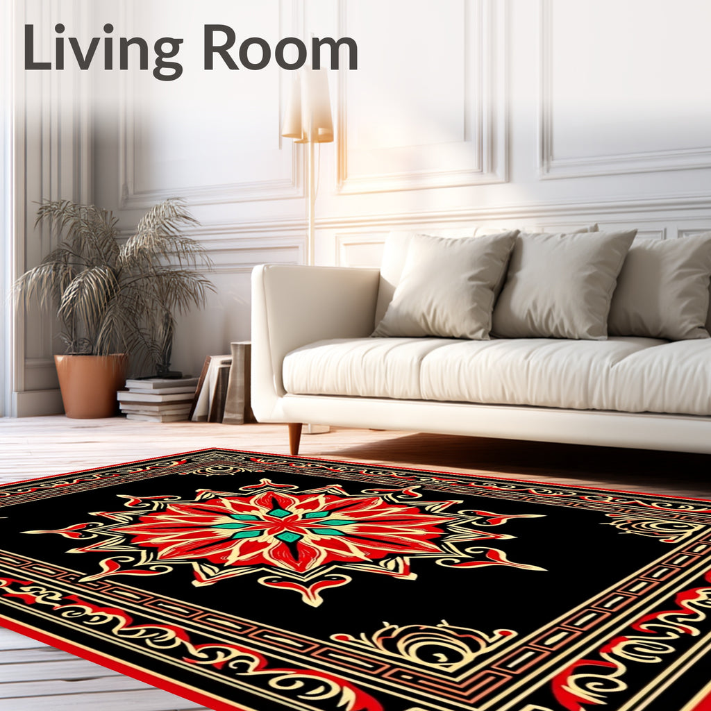 Crimson Red Floral Black Medallion Border Rug