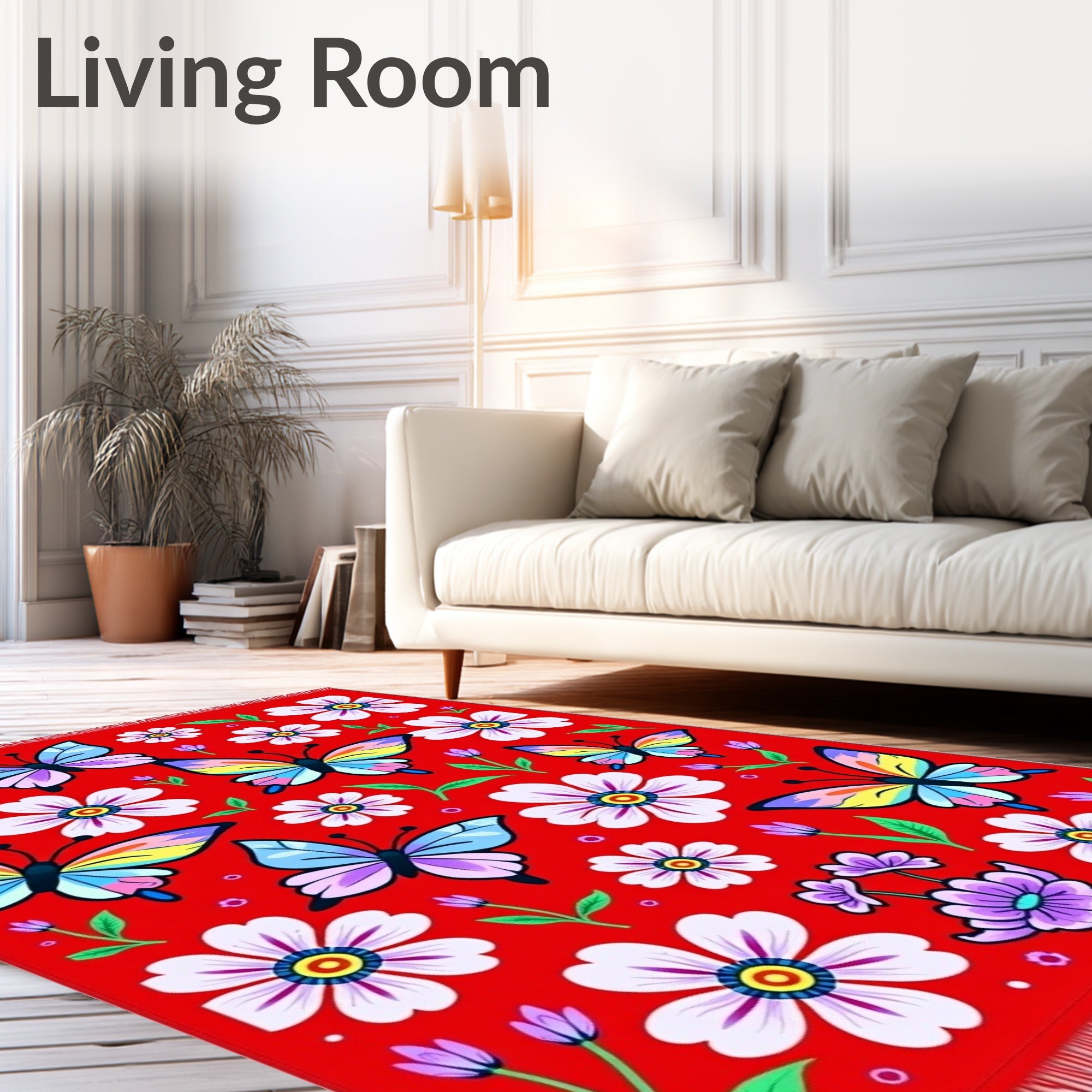 Vibrant Red Butterfly Floral Meadow Rug