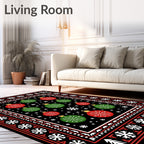 Festive Red Green Ornaments Snowflake Border Rug