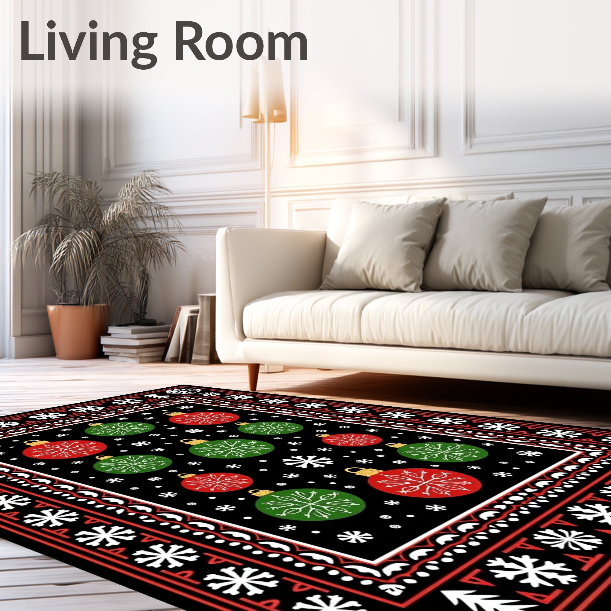 Festive Red Green Ornaments Snowflake Border Rug