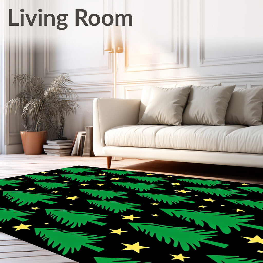 Green Christmas Trees Yellow Stars Rug