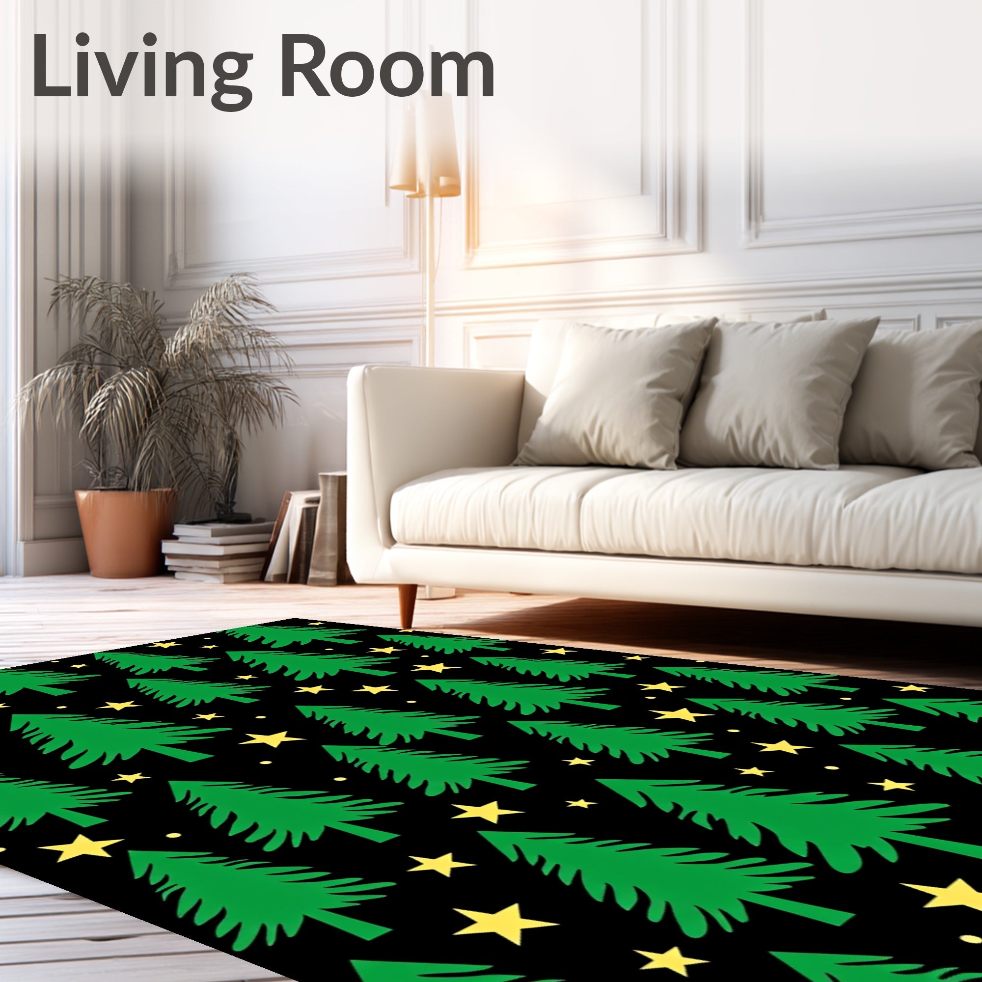 Green Christmas Trees Yellow Stars Rug