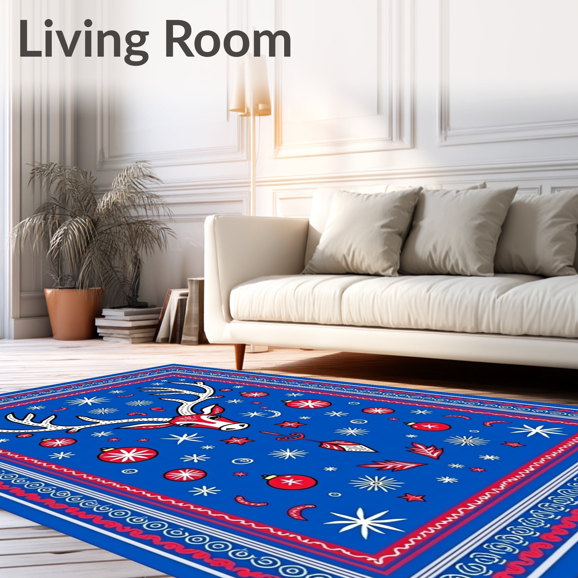 Bold Red White Reindeer Snowflake Garland Rug