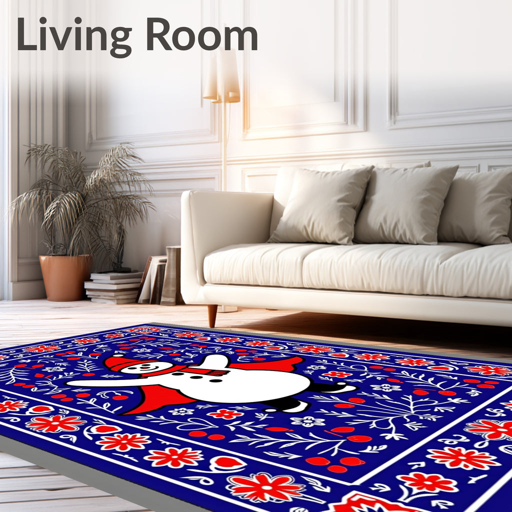 Festive Snowman Red Floral Border Rug
