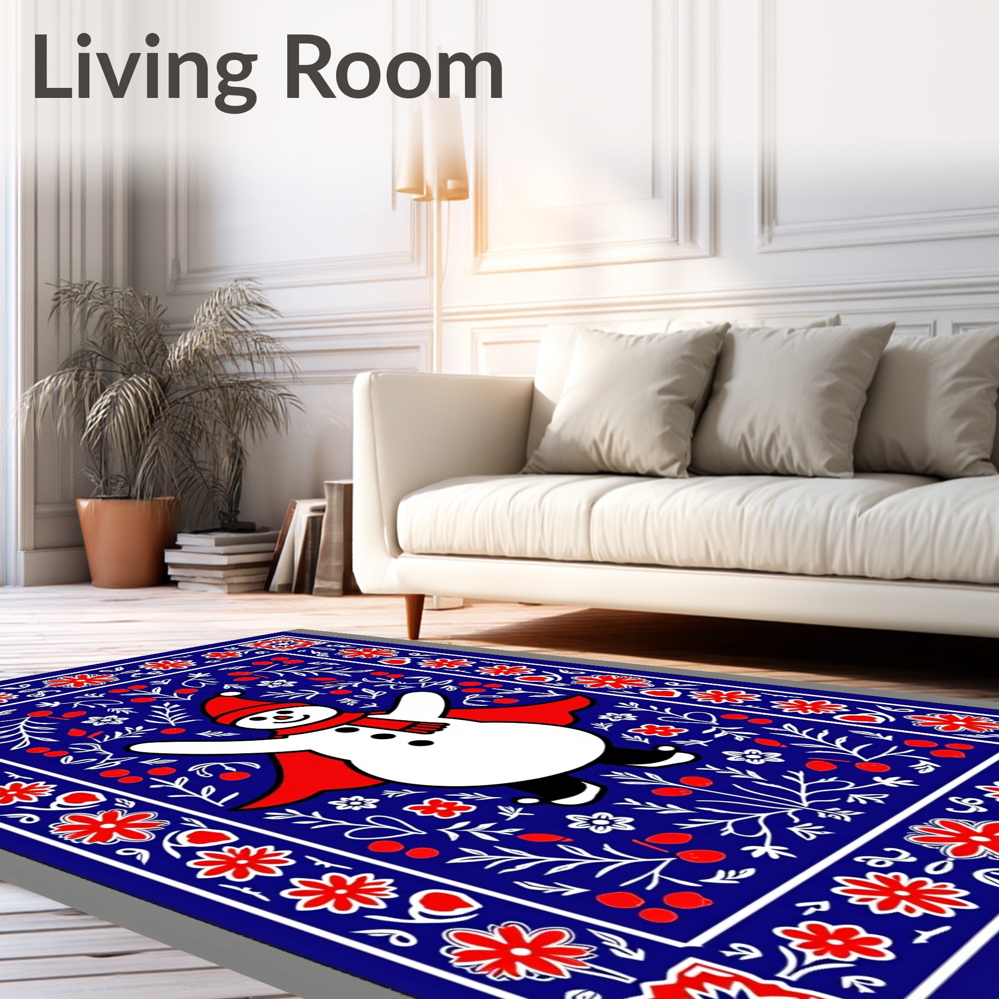 Festive Snowman Red Floral Border Rug