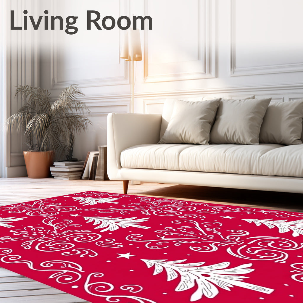 Festive Red White Evergreen Swirl Rug