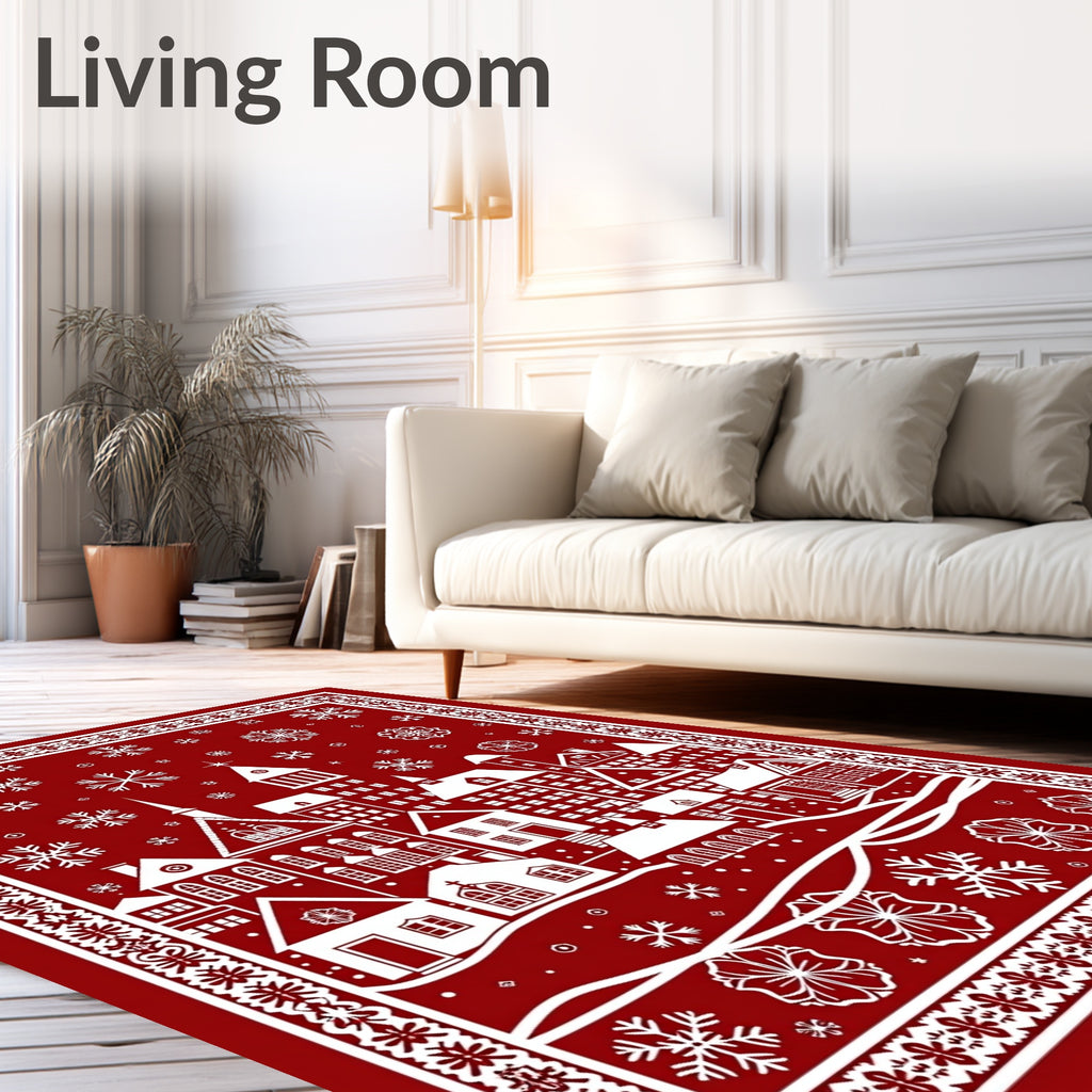 Red White Village Snowflake Border Rug