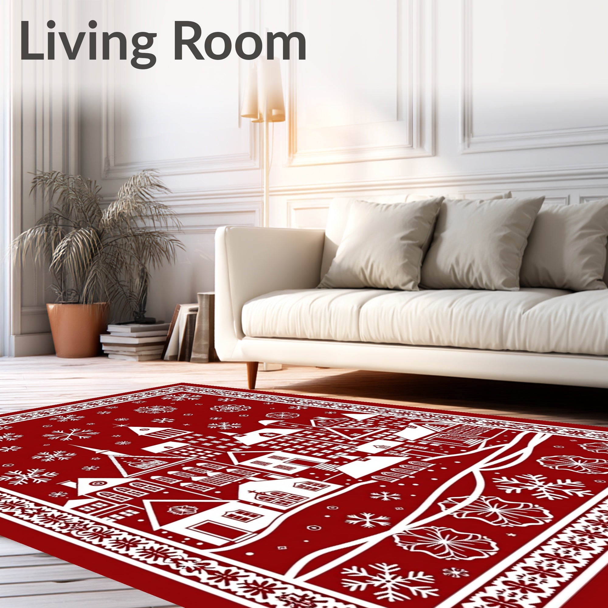 Red White Village Snowflake Border Rug