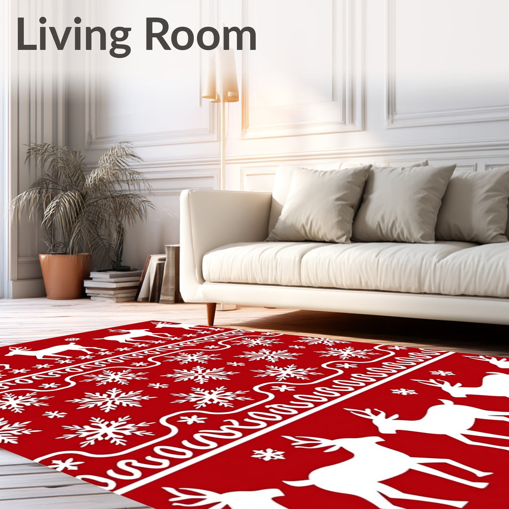 Red White Reindeer Snowflake Holiday Rug