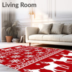 Red White Reindeer Snowflake Holiday Rug