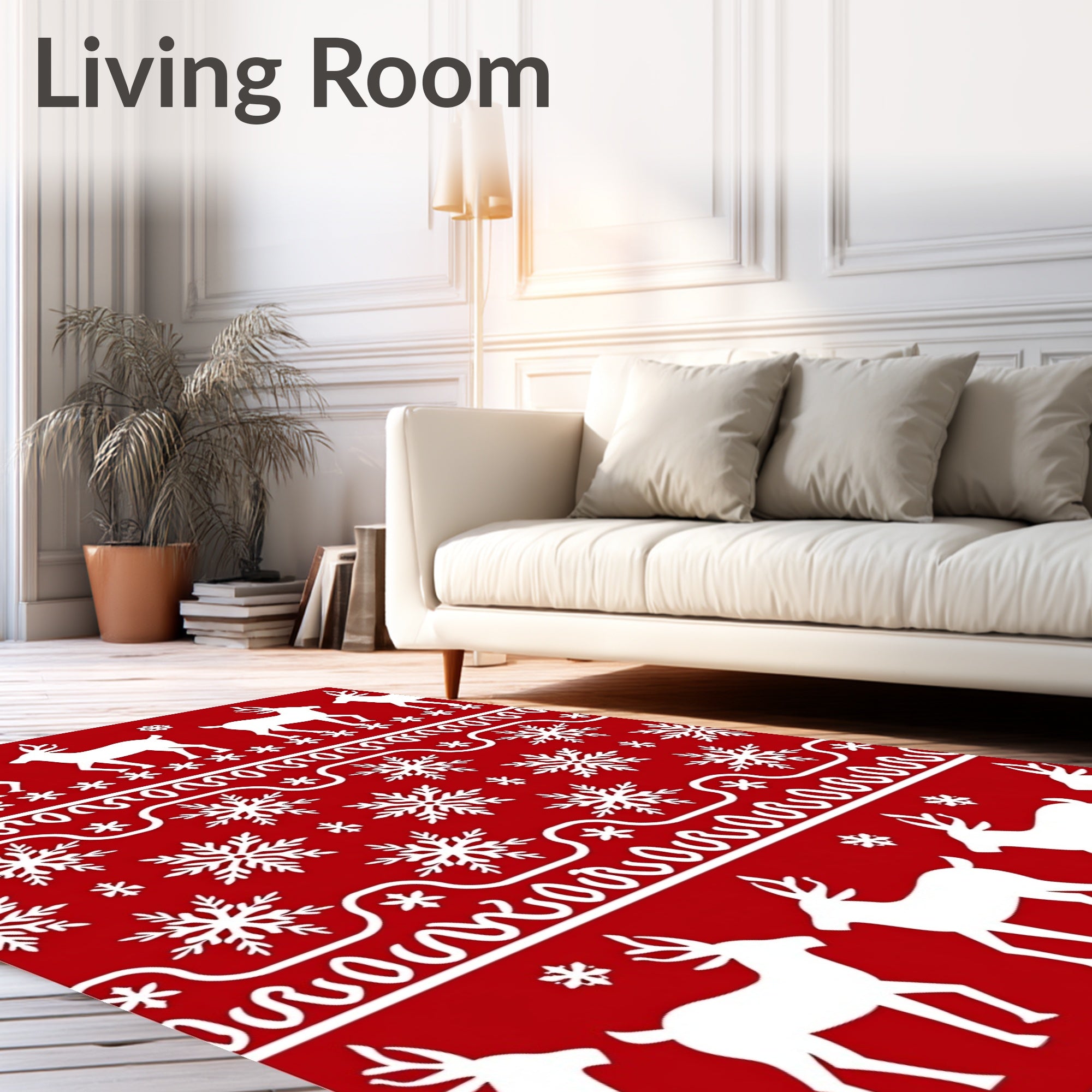 Red White Reindeer Snowflake Holiday Rug