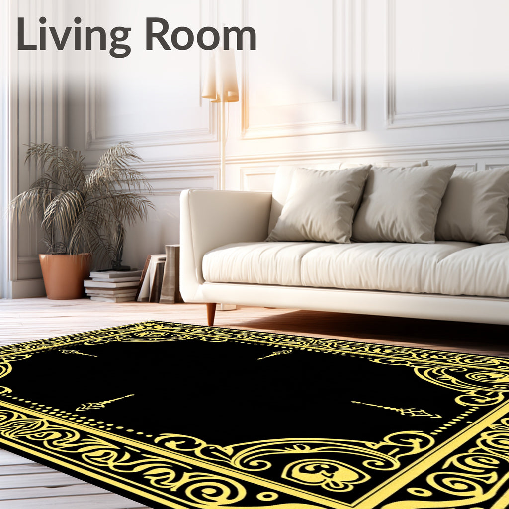 Ornate Yellow Black Baroque Frame Rug