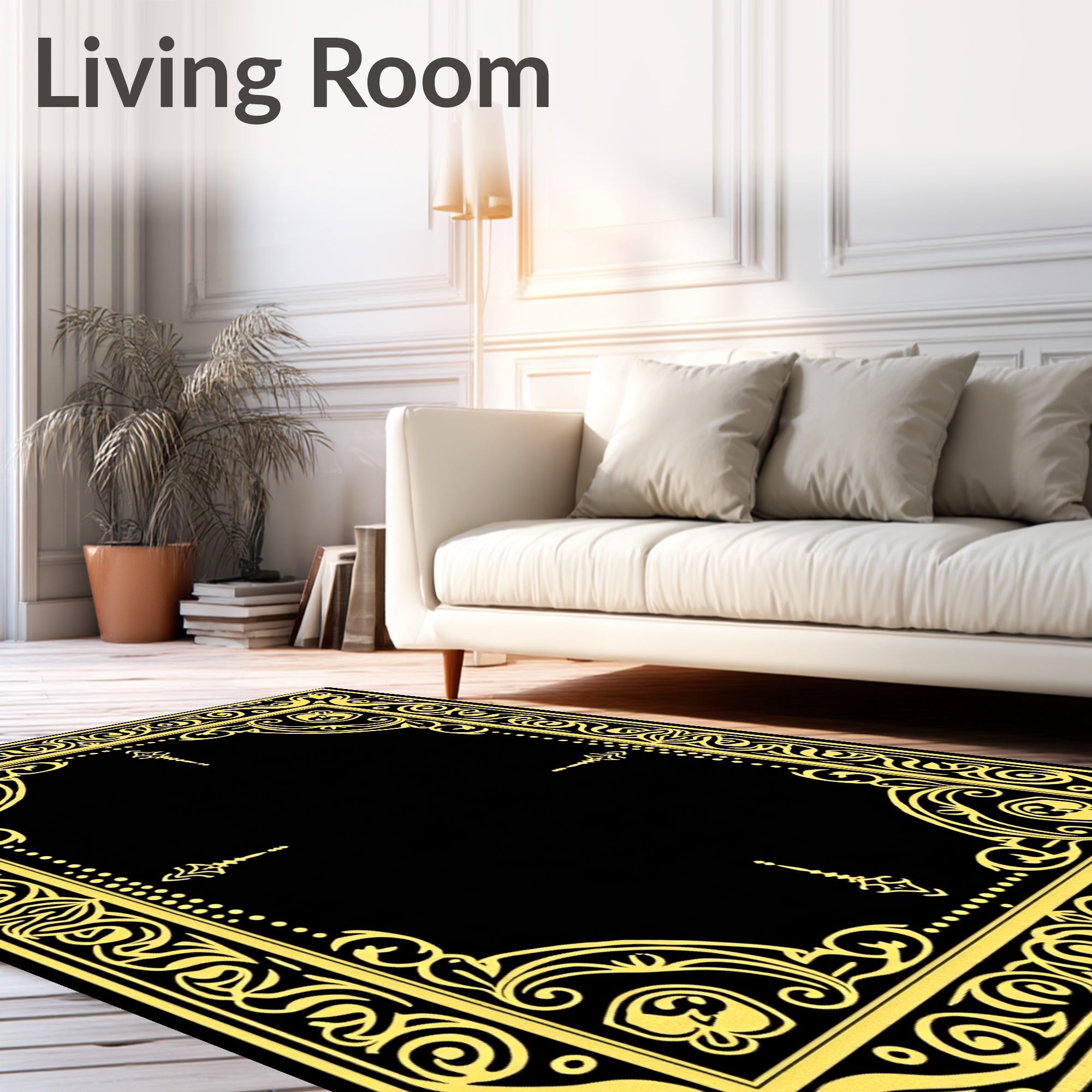 Ornate Yellow Black Baroque Frame Rug