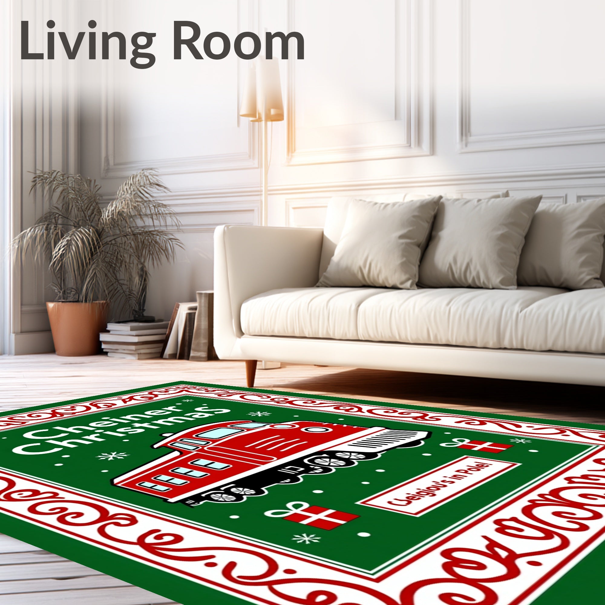 Red Locomotive Christmas Snowflakes Border Rug