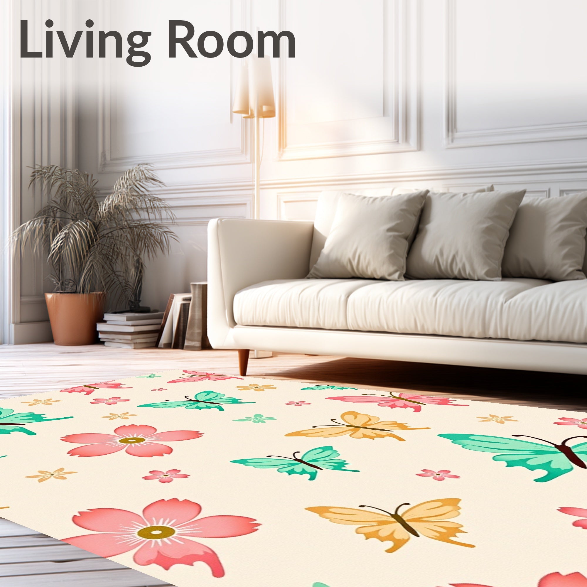Whimsical Colorful Butterfly Flower Garden Rug