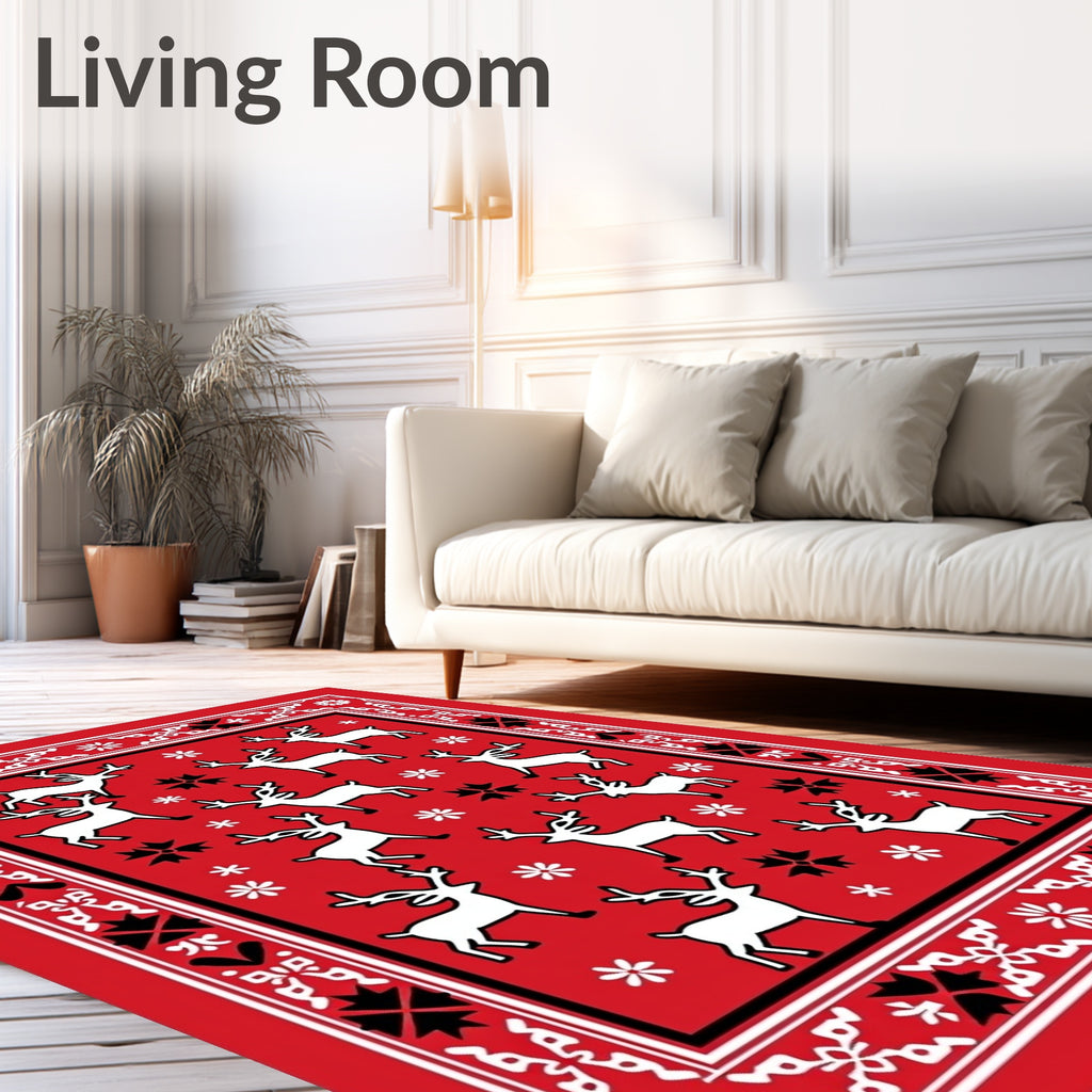 Red White Reindeer Winter Holiday Rug