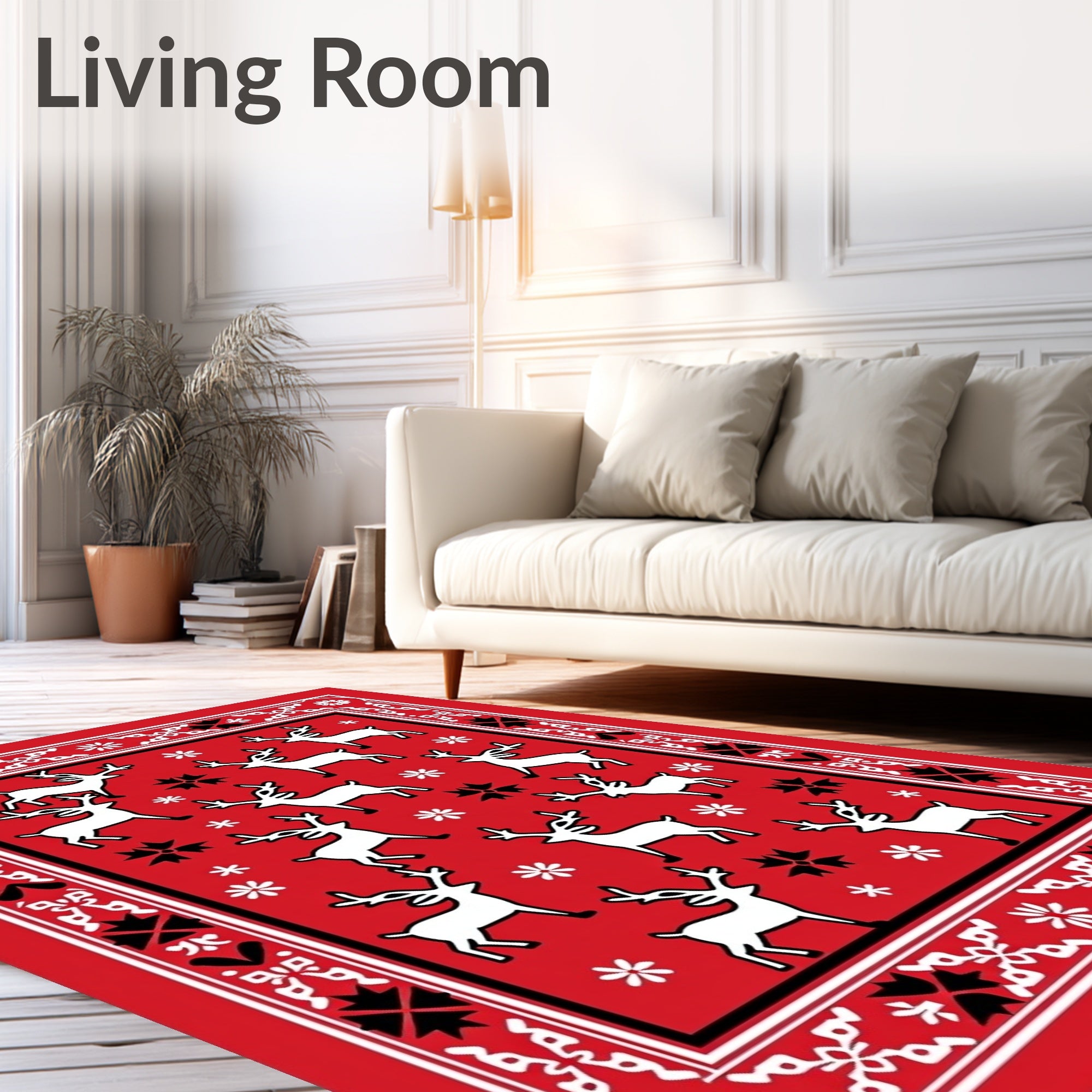 Red White Reindeer Winter Holiday Rug