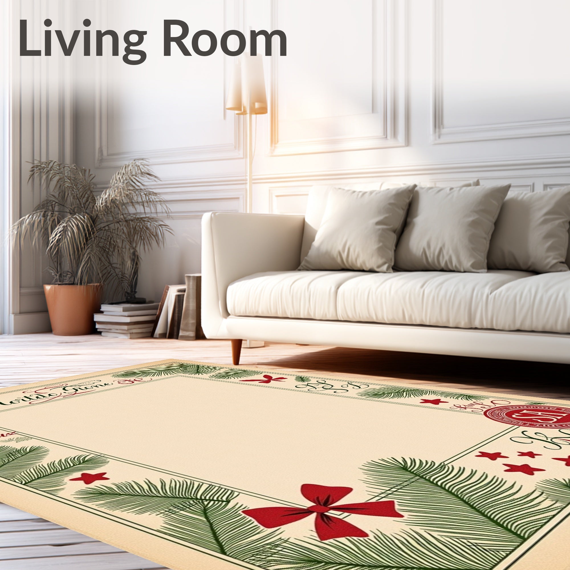 Festive Green Pine Sprigs Red Bows Rug