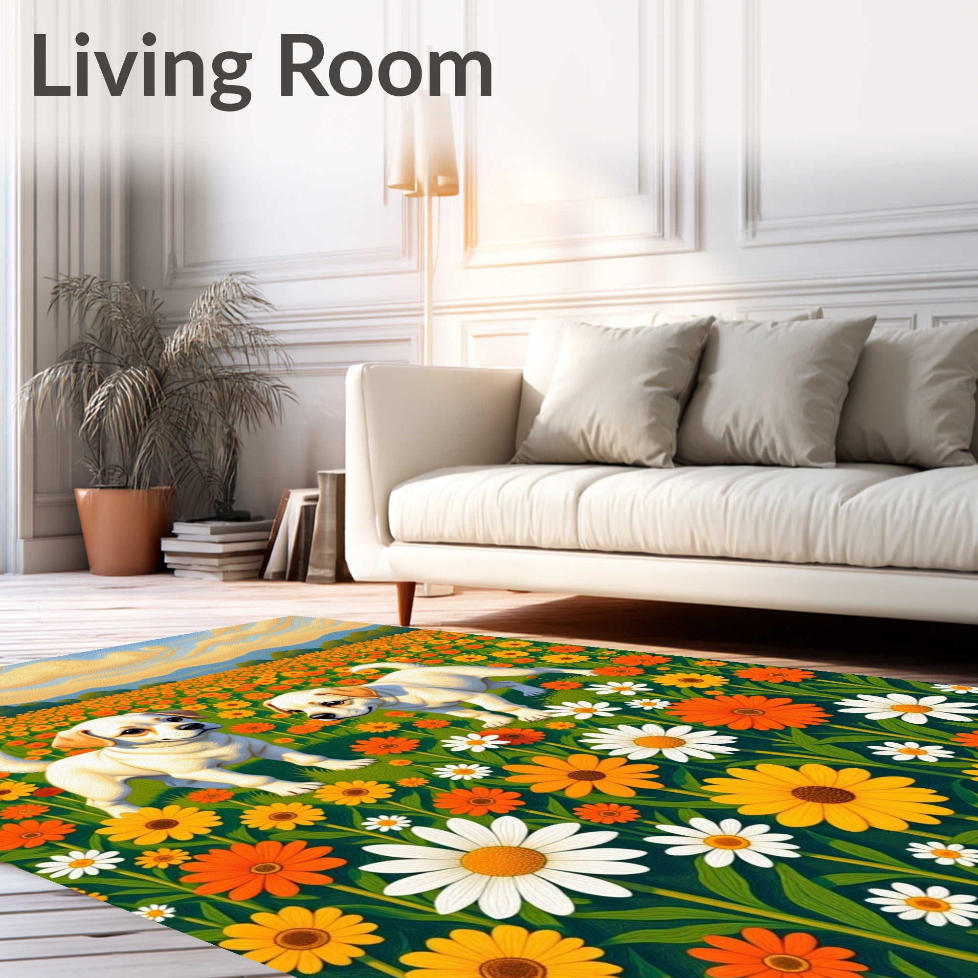 Joyful pups amongst yellow orange flowers Rug
