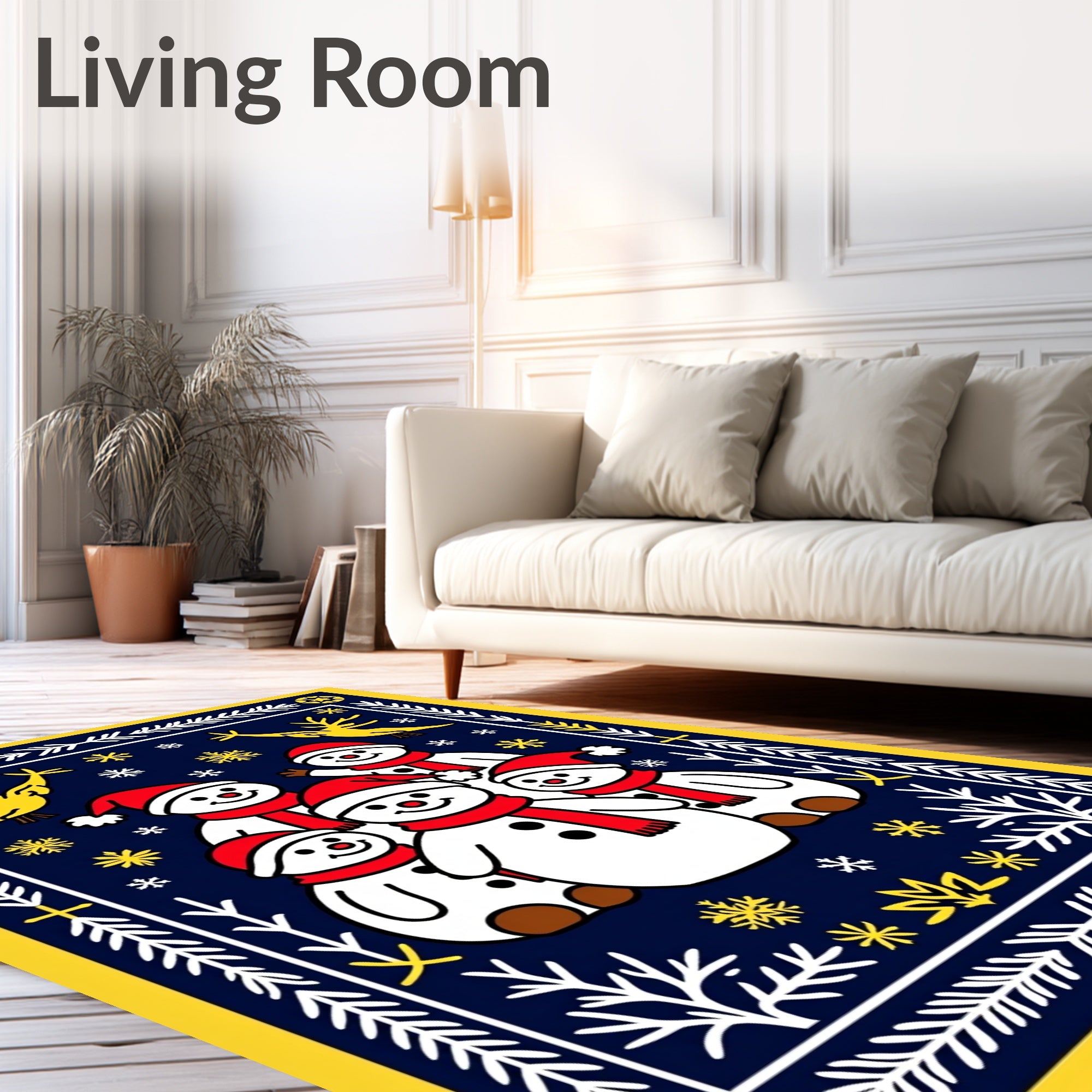 Yellow Reindeer Snowman Snowflakes Border Rug