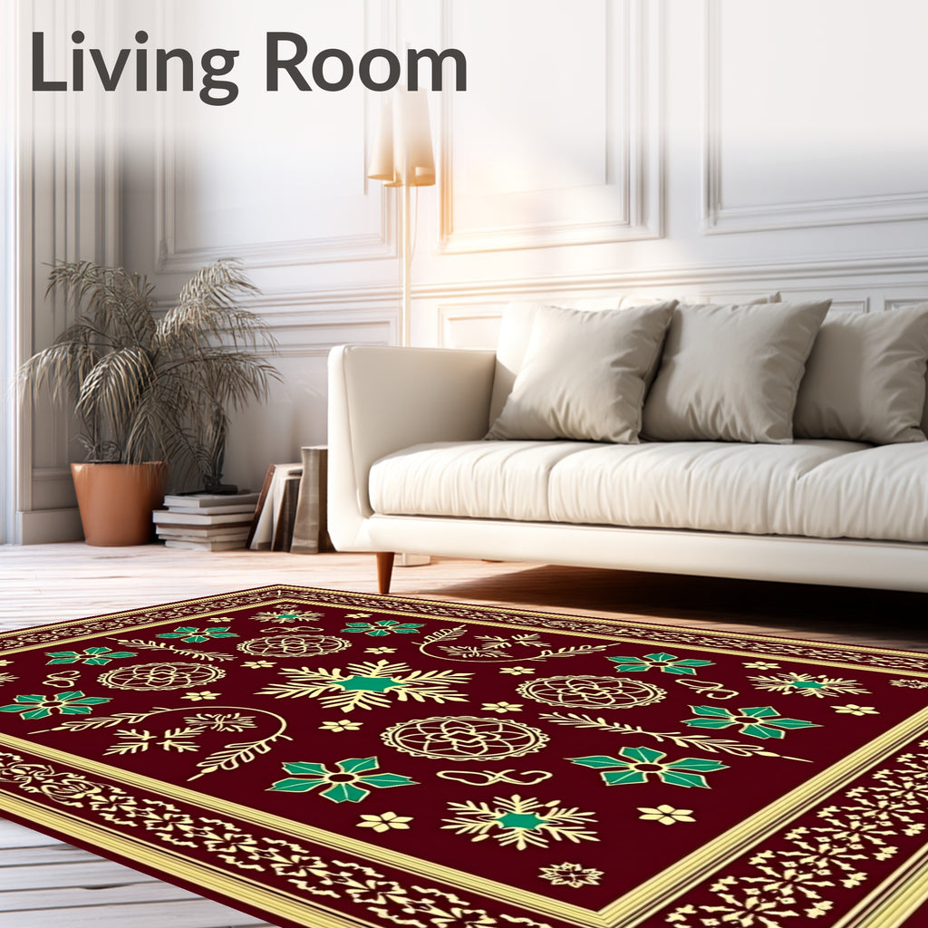 Maroon Teal Golden Floral Starburst Rug