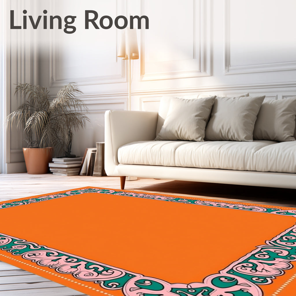 Bold Orange Green Floral Frame Rug