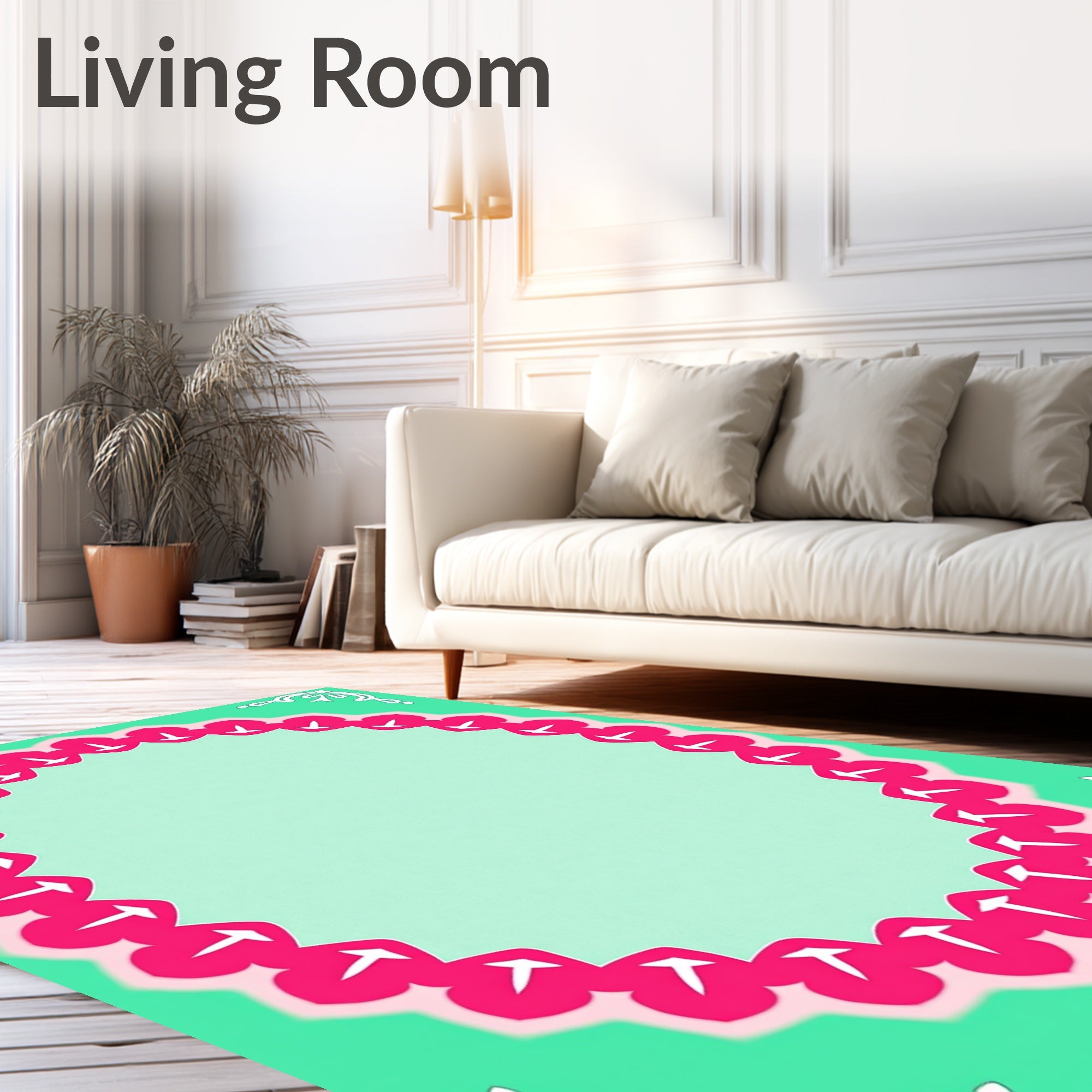 Festive Aqua Pink White Round Frame Rug