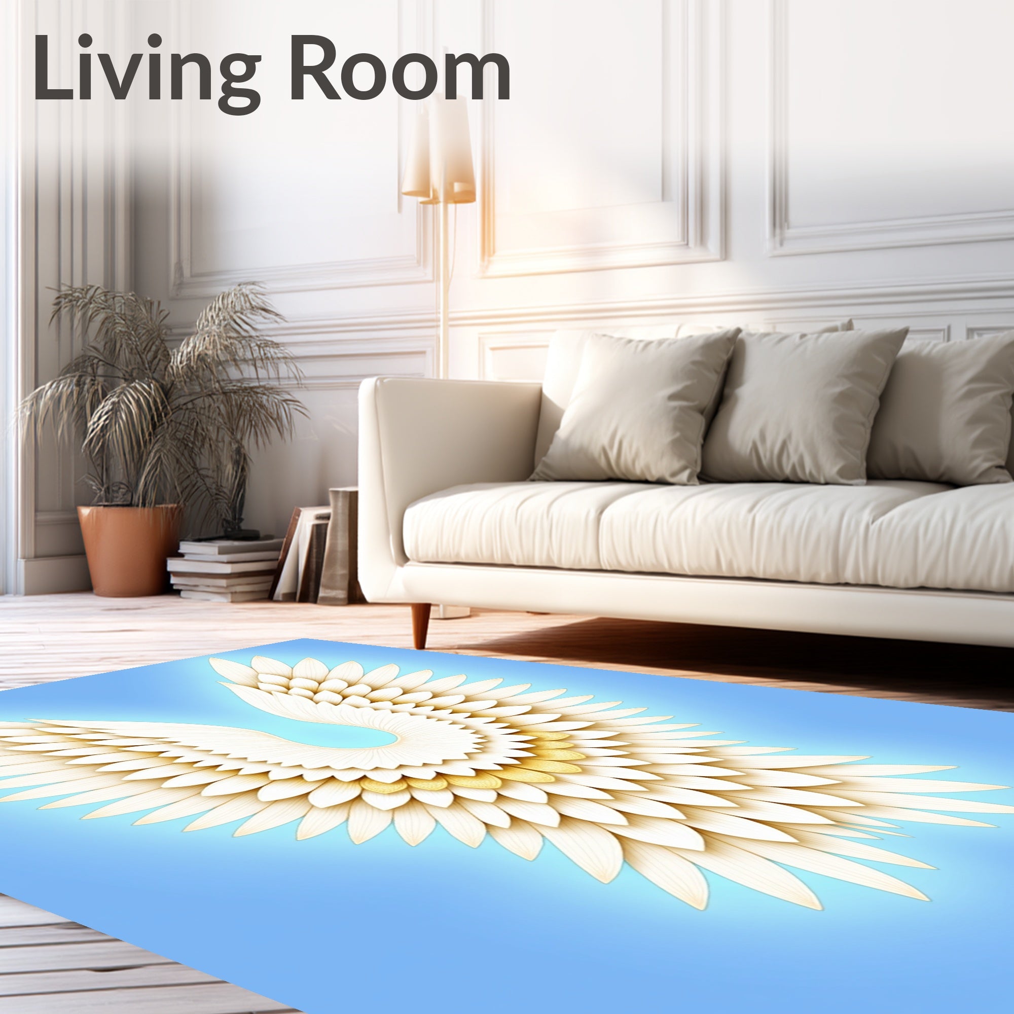 Cream White Feathered Wings on Blue Rug