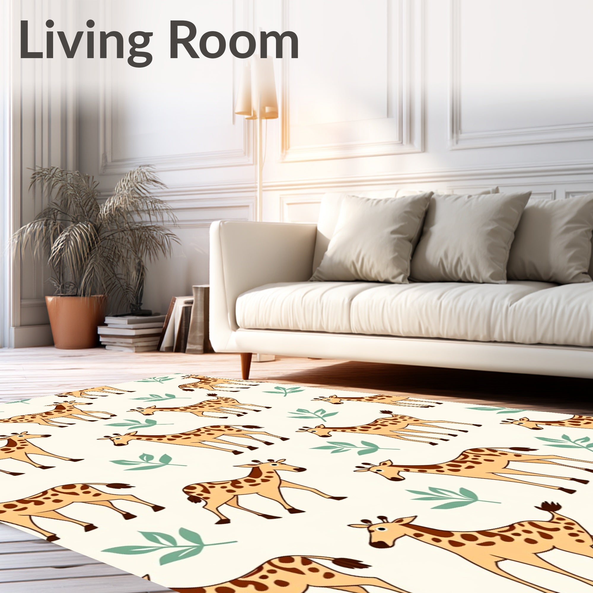 Playful Giraffes And Green Leaves Rug