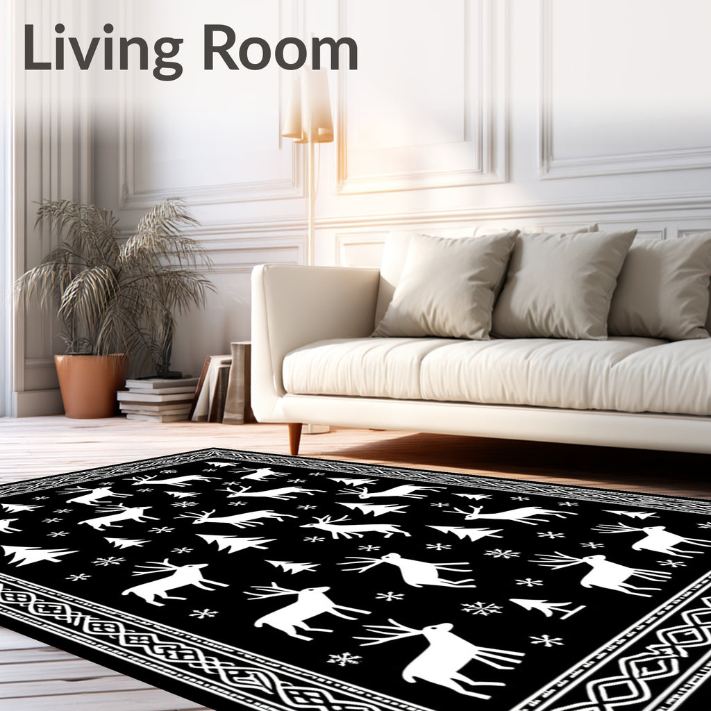 Winter Forest Reindeer Snowflake Scene Rug