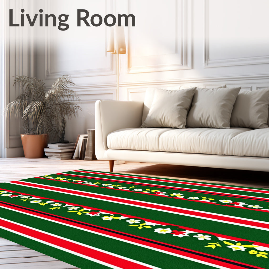 Festive Green Red White Floral Stripe Rug