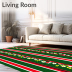 Festive Green Red White Floral Stripe Rug