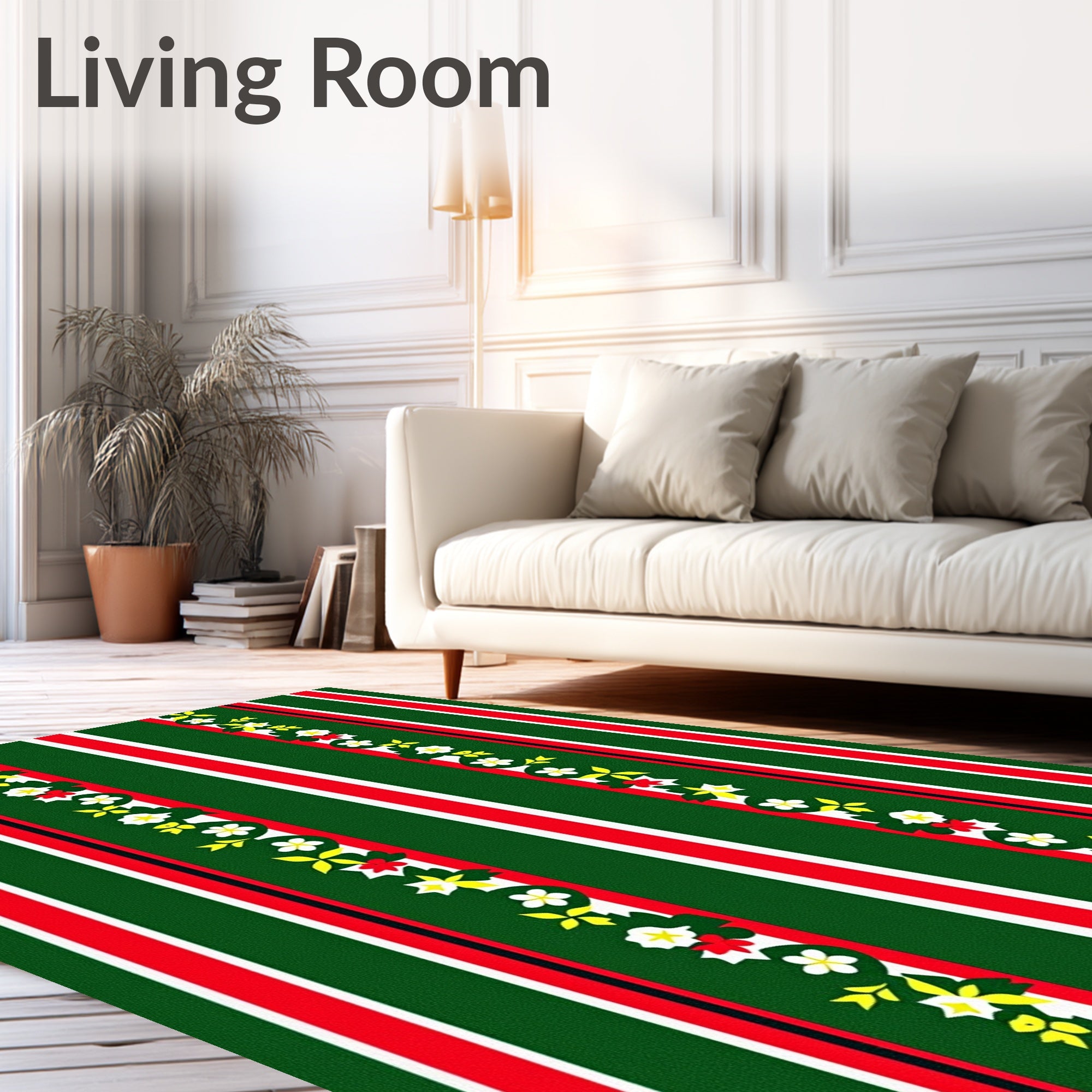 Festive Green Red White Floral Stripe Rug