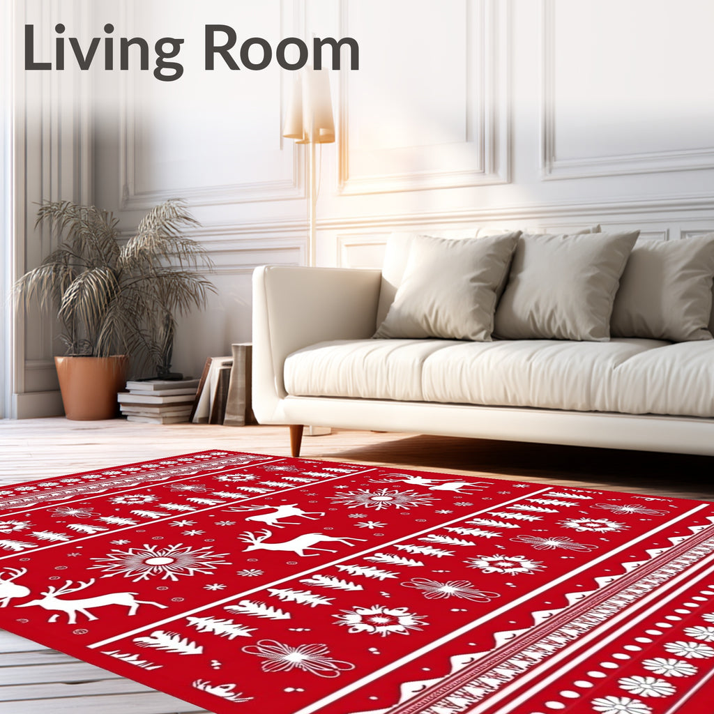 Red White Deer Snowflake Nordic Rug