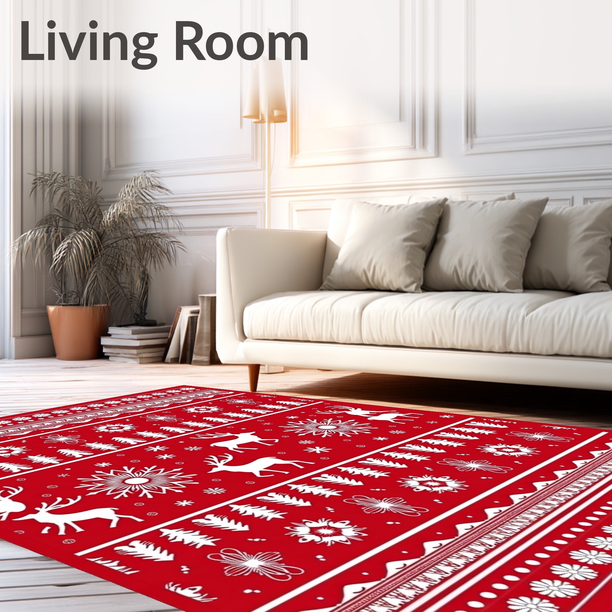 Red White Deer Snowflake Nordic Rug