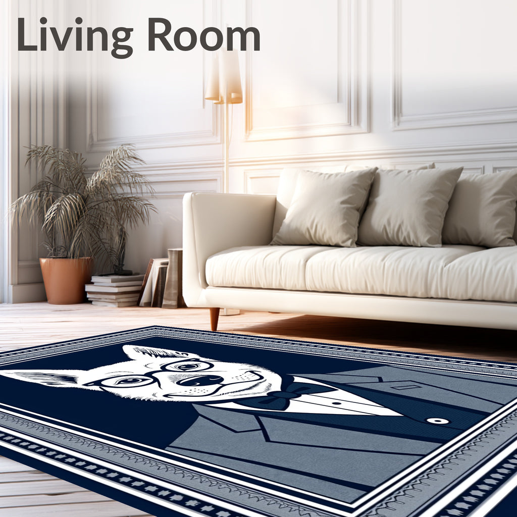 Dapper Canine Portrait Navy Border Rug
