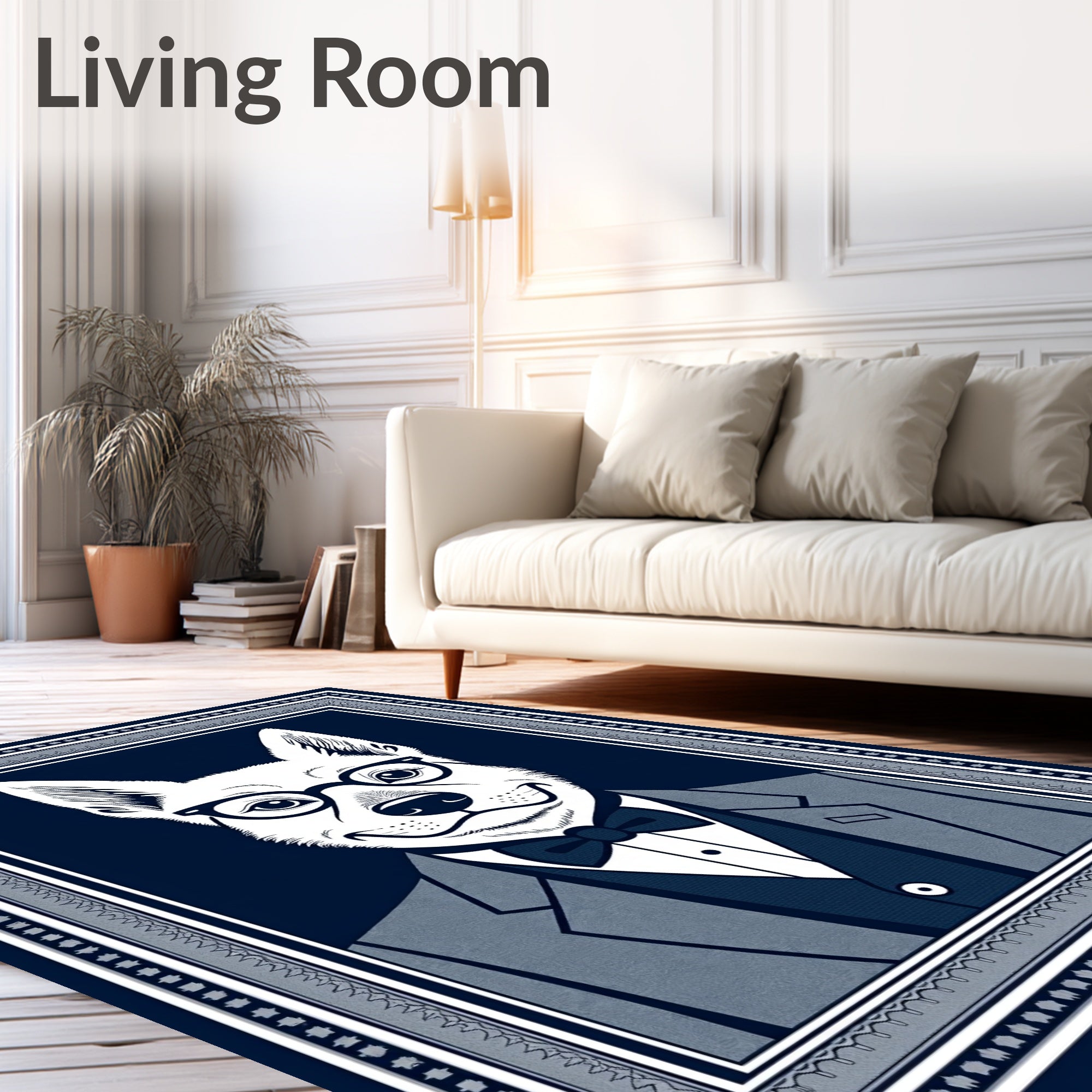 Dapper Canine Portrait Navy Border Rug