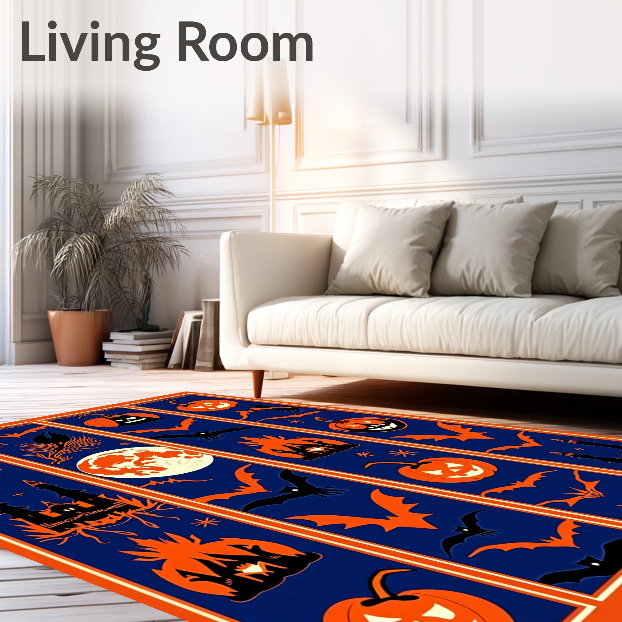 Spooky Orange Pumpkin Bat Moon Castle Rug