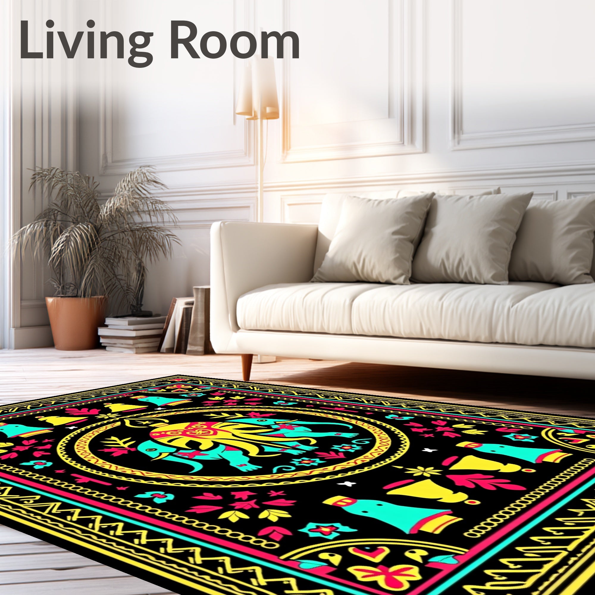 Vibrant Teal Yellow Elephant Medallion Rug