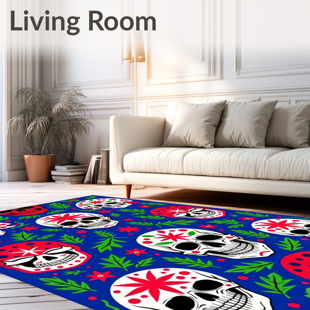 Vivid Blue Skull Floral Garland Rug
