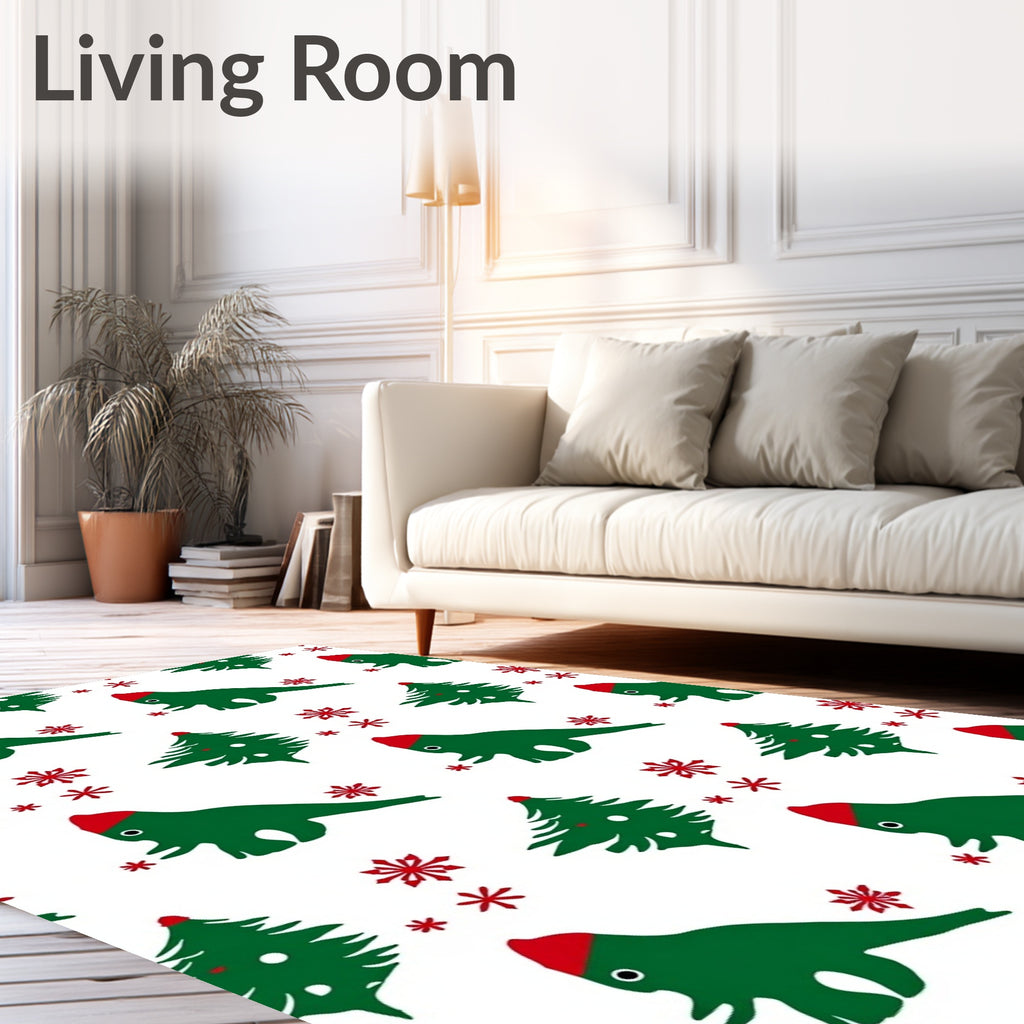 Festive Green Dino Christmas Snowflake Rug