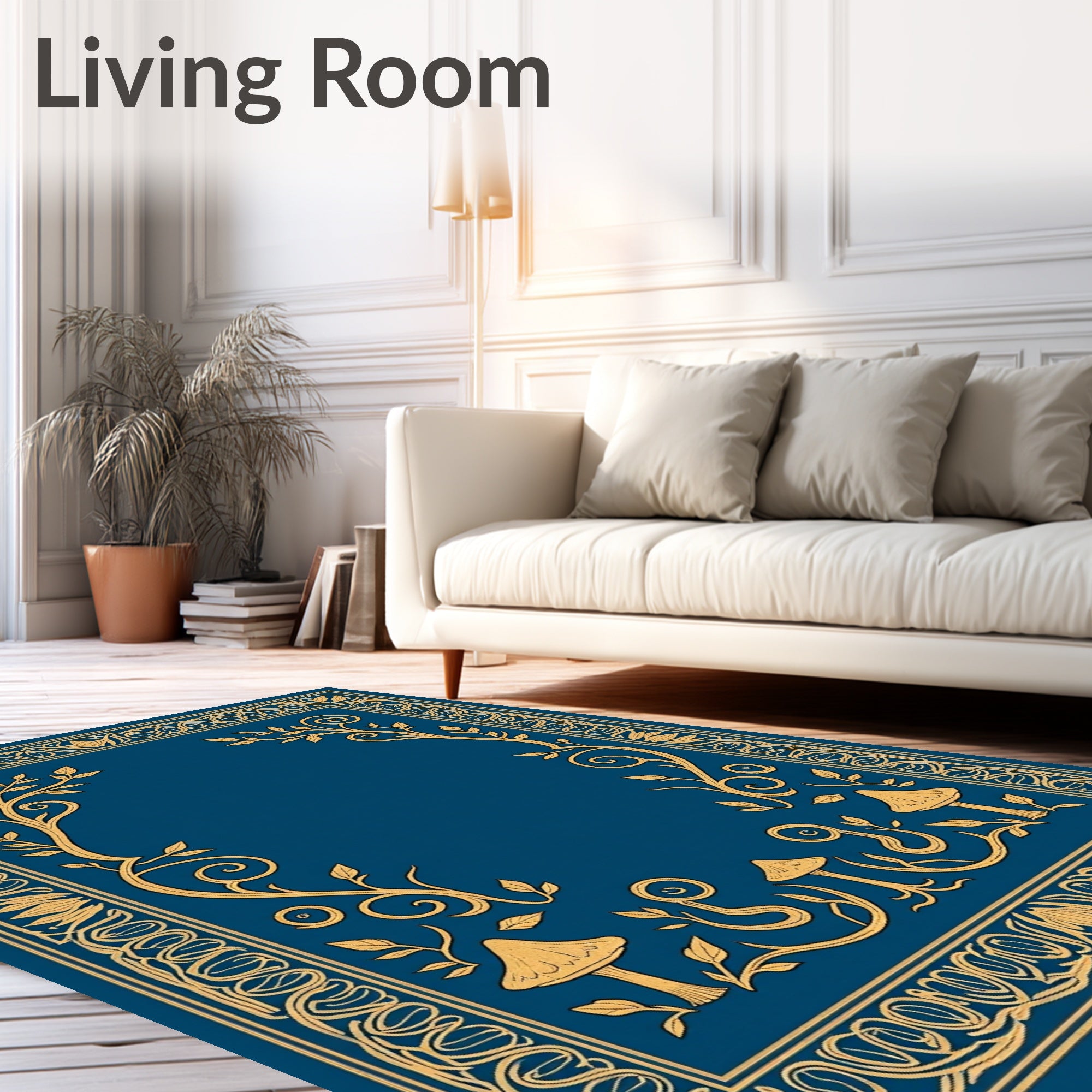 Golden Mushroom Floral Swirls Navy Rug