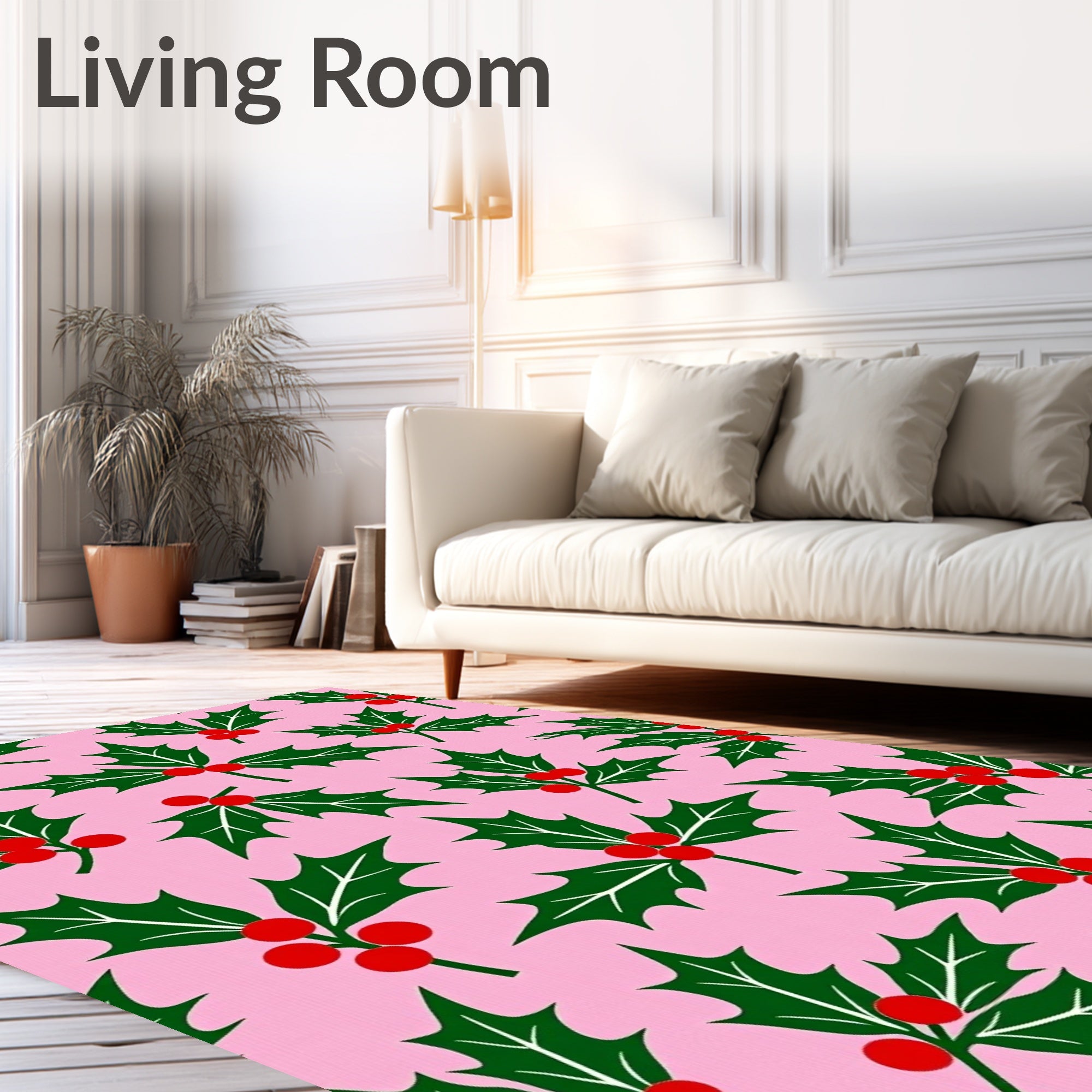 Pink Background Holly Berry Christmas Rug